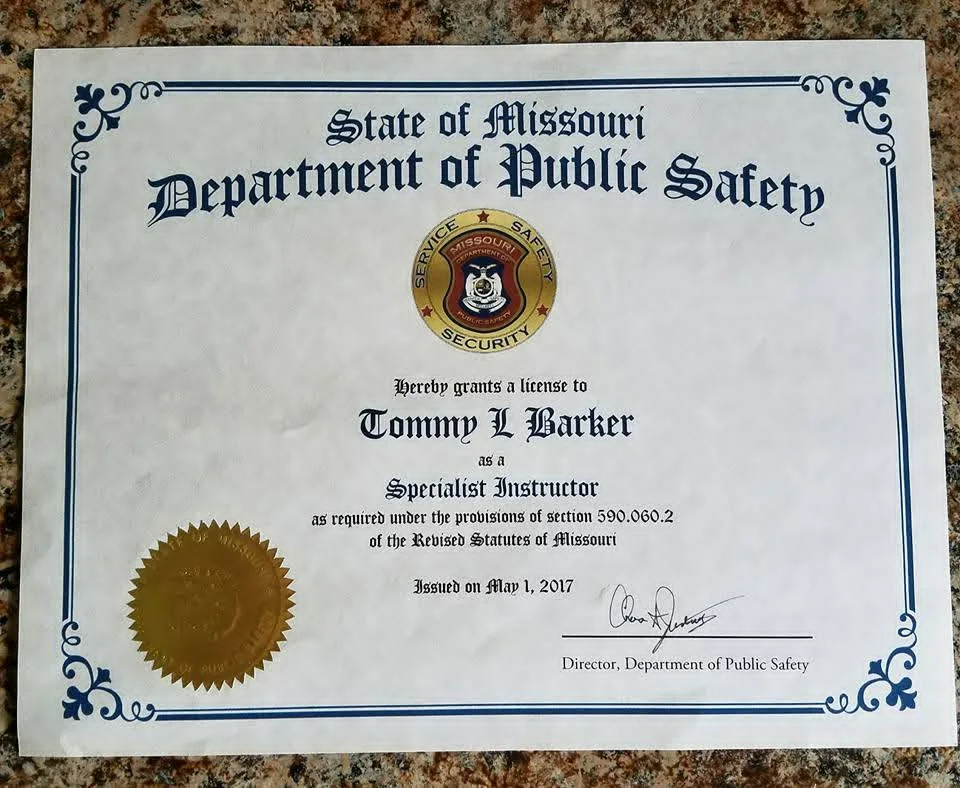 Missouri Department of Public Safety Specialist Instructor license issued to Tommy Barker